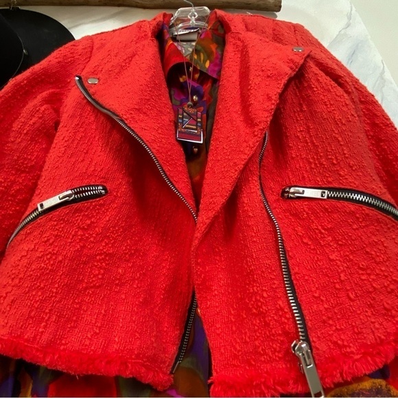 Trendy RED moto style tweed boho blazer jacket w raw edges - Picture 5 of 16